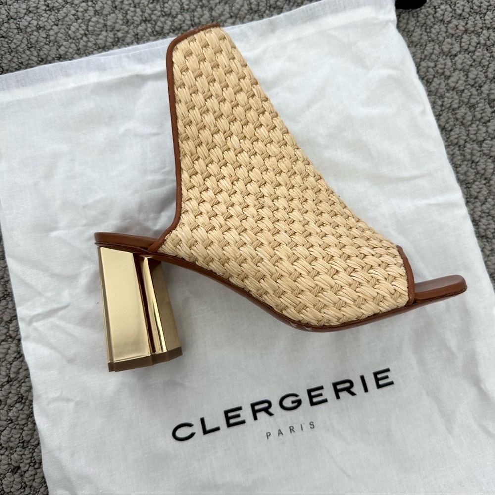 NWT Robert Clergerie Zinap Basket Woven Designer Block Heel Mule Gold Square Toe